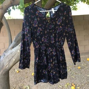 Lace up front long sleeve black paisley romper